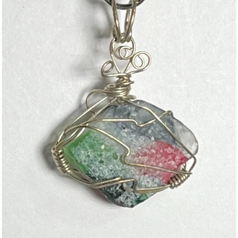 Silver Tone Wire Wrap Pendant Multicolor Imitation Stone Rock Unique Boho Chic